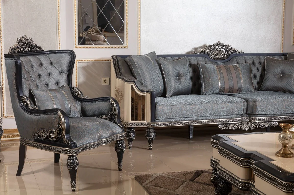 Luxury Baroque Living Room Set Light Blue / Beige / Black / Gold - 2 Sofas & 2 Armchairs & 1 Coffee Table & 2 Side Tables - Handmade Living Room Furniture in Baroque Style - Noble & Magnificent