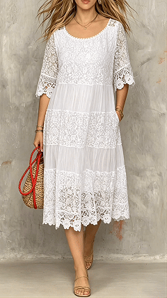 Women's Round-Neck Short-Sleeve Lace-Trimmed Dress - Nordfashionstorm - Women's Clothing, Fashion for You - Nordfashionstorm.com