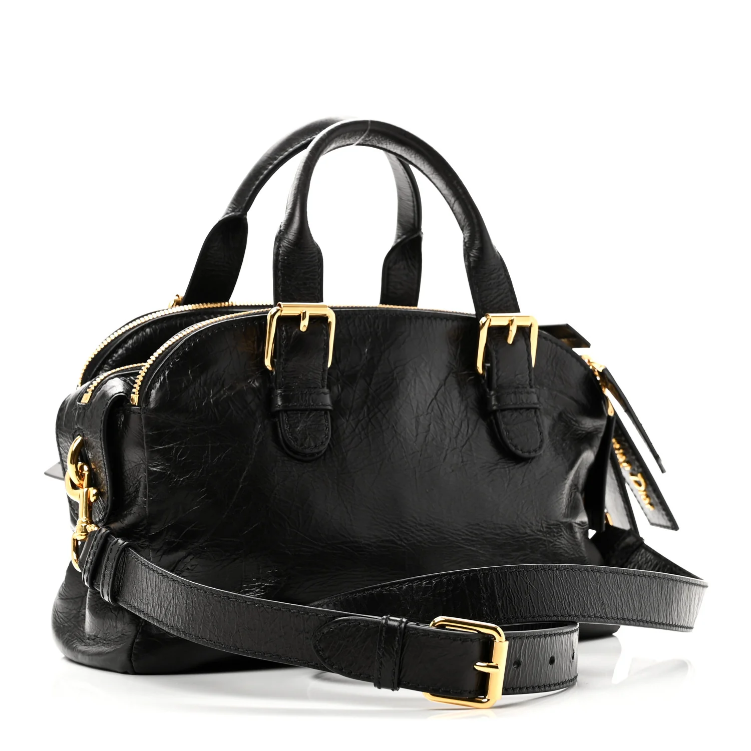Crinkled Calfskin Small Grand Tour Bowling Bag Black - Top Club