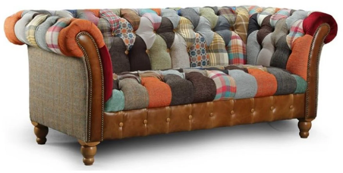 Luxury Chesterfield 2-seater sofa multicolored / gray / brown 200 x 95 x H. 85 cm - living room sofa with real leather - Chesterfield living room furniture