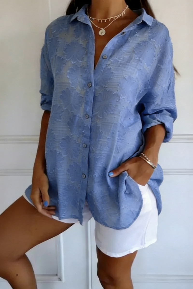 Women's Solid-Color Jacquard Long-Sleeve Shirt with Hot-Fix Rhinestones - Nordfashionstorm - Women's Clothing, Fashion for You - Nordfashionstorm.com