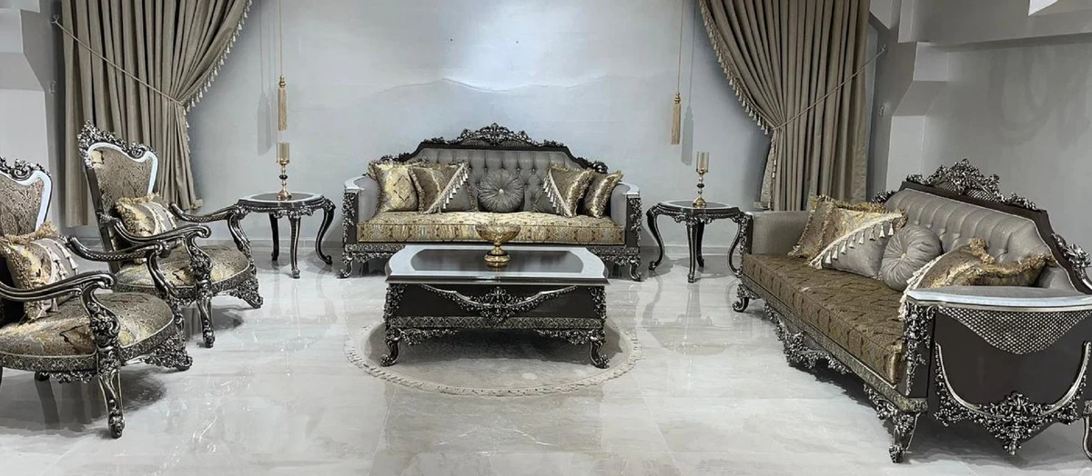Luxury Baroque Living Room Set Silver / Gold / White / Black / Silver - 2 Baroque Sofas & 2 Baroque Armchairs & 1 Baroque Coffee Table - Luxury Living Room Furniture in Baroque Style - Baroque Furniture