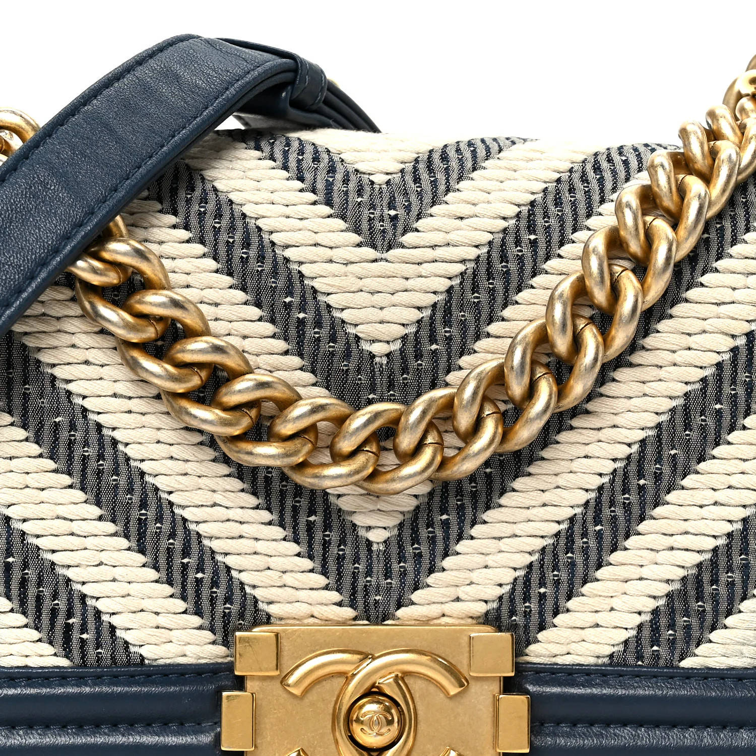 Fabric Chevron Braided Small Boy Flap Blue Ivory - Top Club