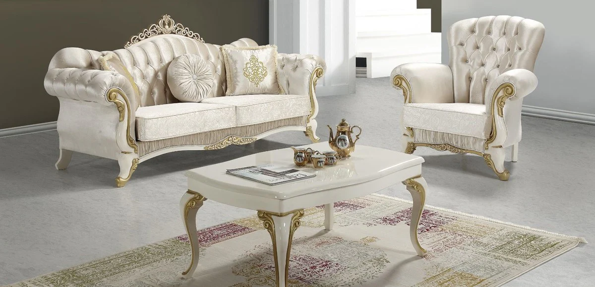 Baroque living room set champagne colors / cream / gold - 2 sofas & 2 armchairs & 1 coffee table - living room furniture - noble & magnificent