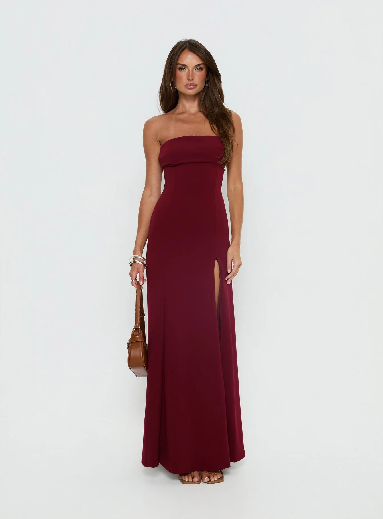 Diamanti Strapless High Slit Maxi Dress Burgundy