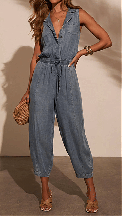 Women's Sleeveless Lapel Denim Waist‑Cinch Cropped Jumpsuit - Nordfashionstorm - Women's Clothing, Fashion for You - Nordfashionstorm.com