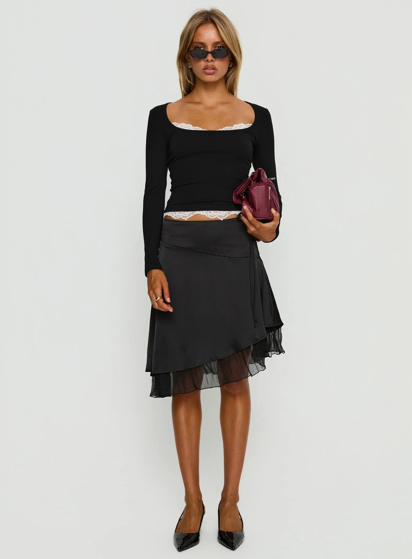 Falling Through Lace Detail Long Sleeve Top Black