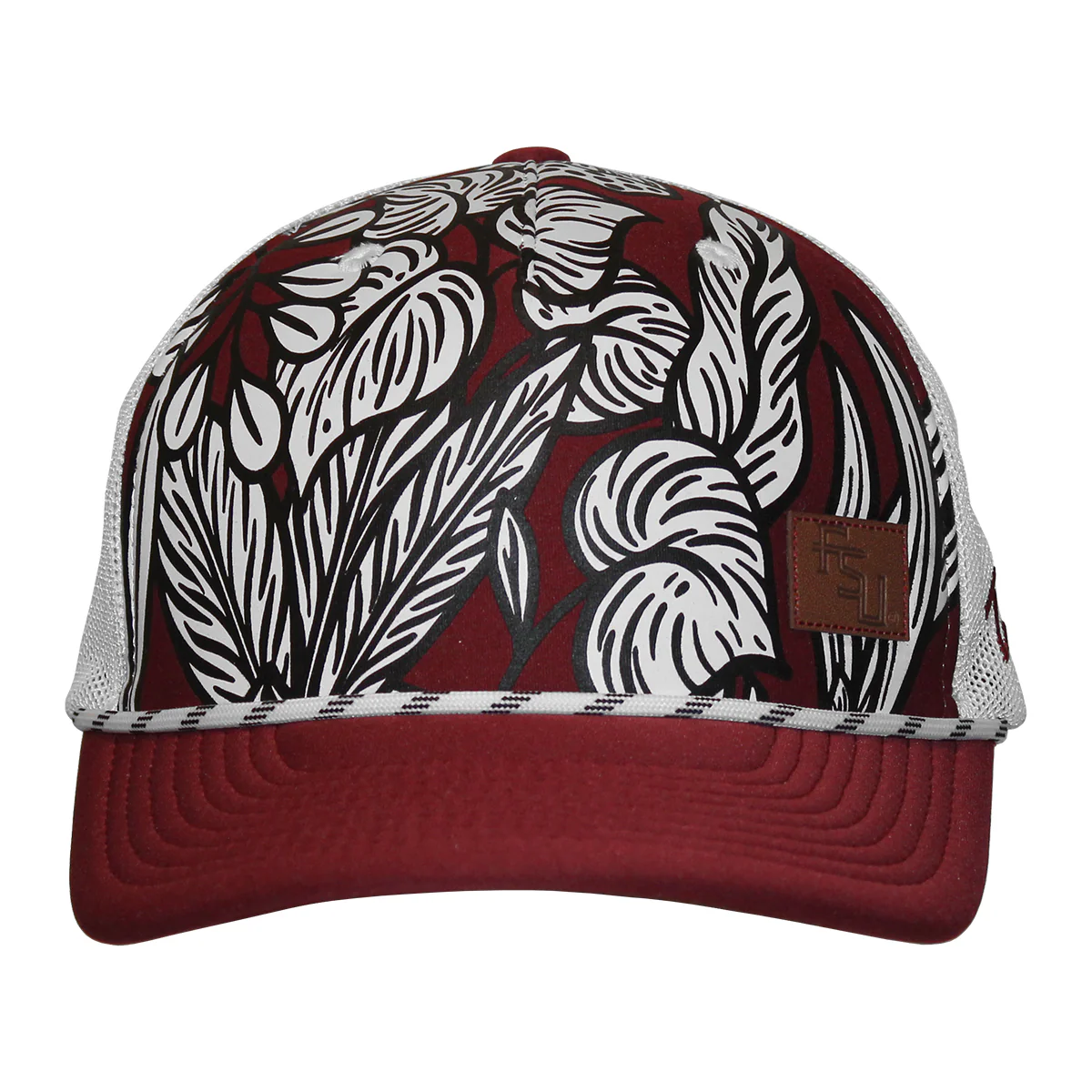 Zephyr Women's Stacked FSU Leather Patch Adjustable Floral Pattern Trucker Cap - Garnet/White - MoB Apparel