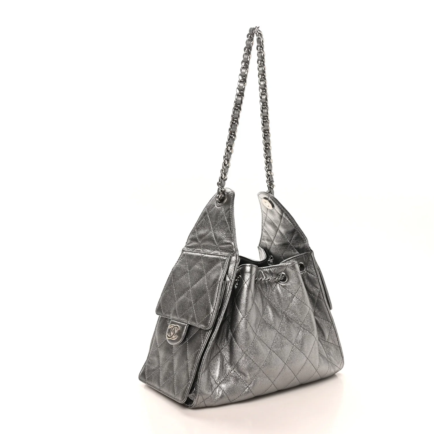 Metallic Caviar Quilted Small Chanel 25 Handbag Silver - Top Club