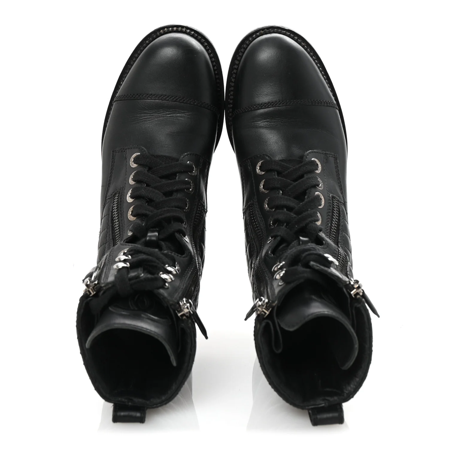 Calfskin Quilted Lace Up Combat Boots 37.5 Black
