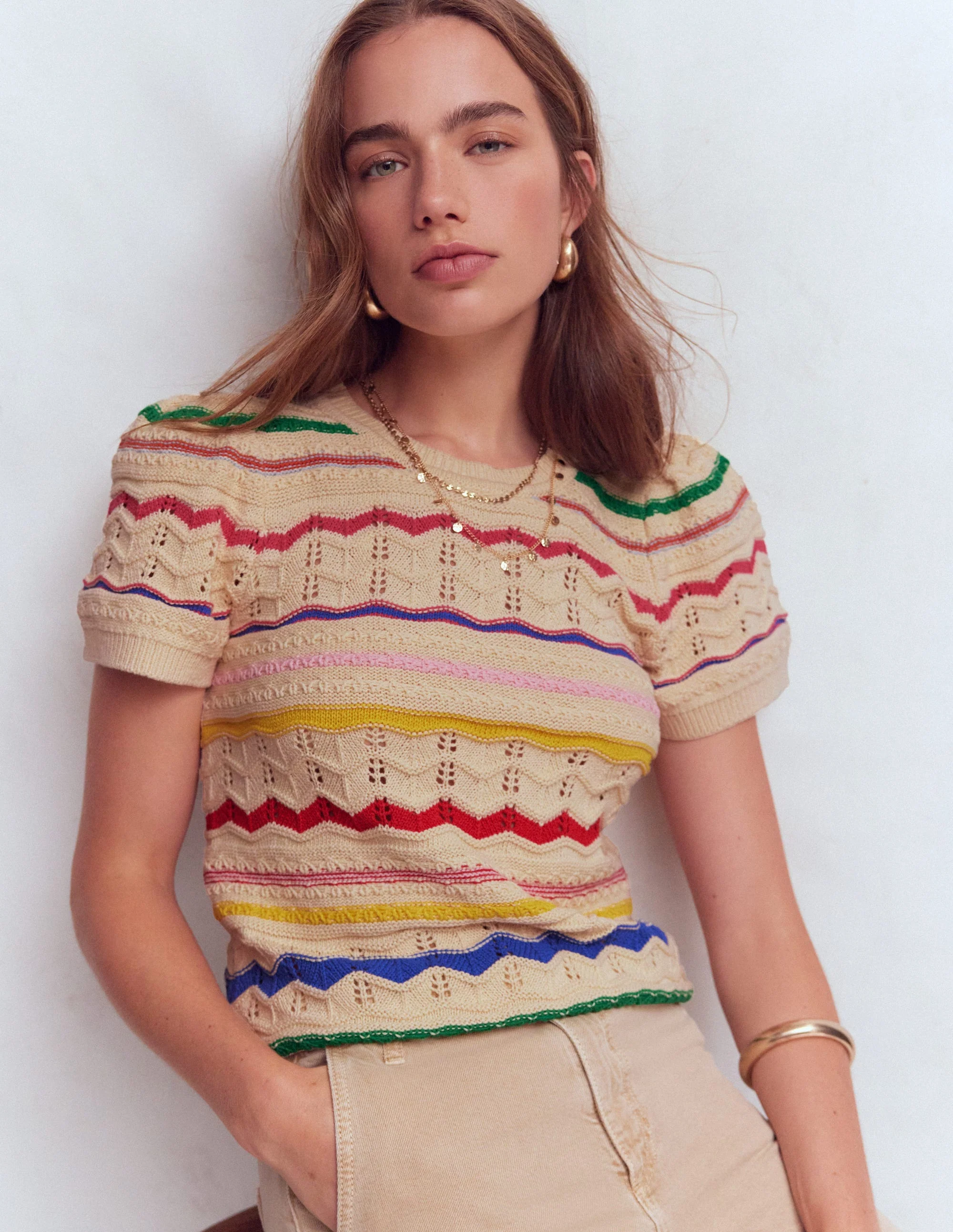 Monica Pointelle-T-Shirt-Ackerbohnengrün/Pink, Gestreift