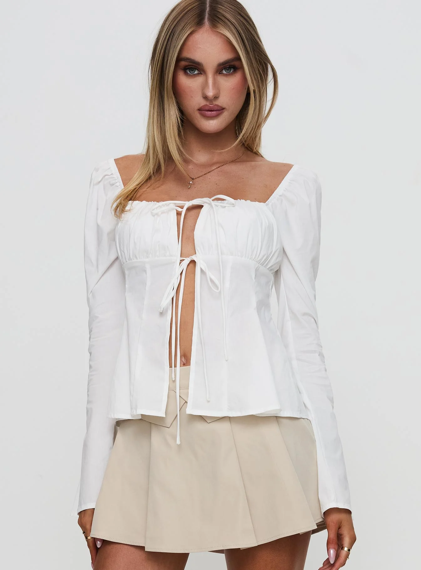 Lilibette Tie Up Long Sleeve Top White