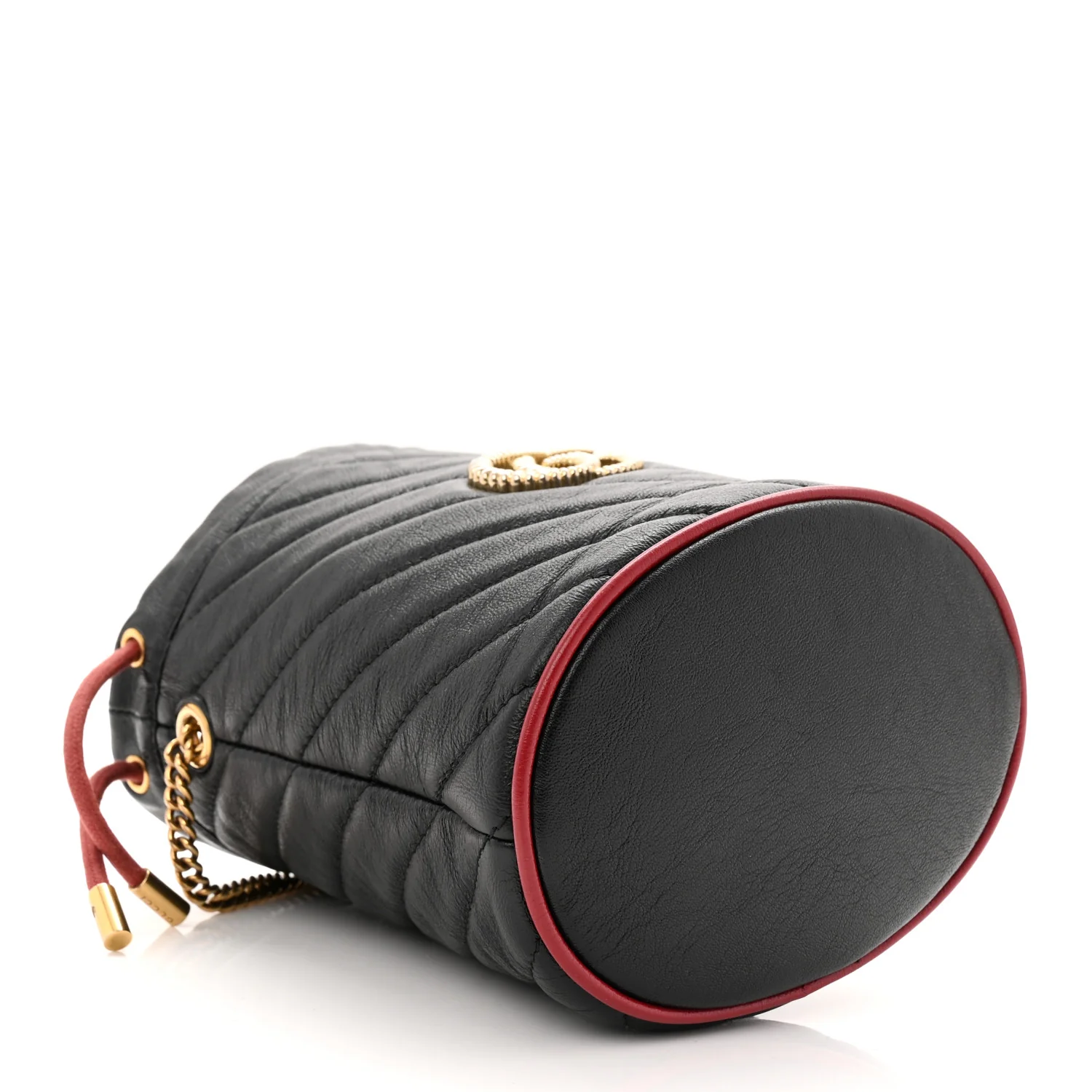 Vintage Effect Calfskin Matelasse Diagonal Mini Torchon GG Marmont 2.0 Bucket Bag Black Romantic Cherry - Top Club