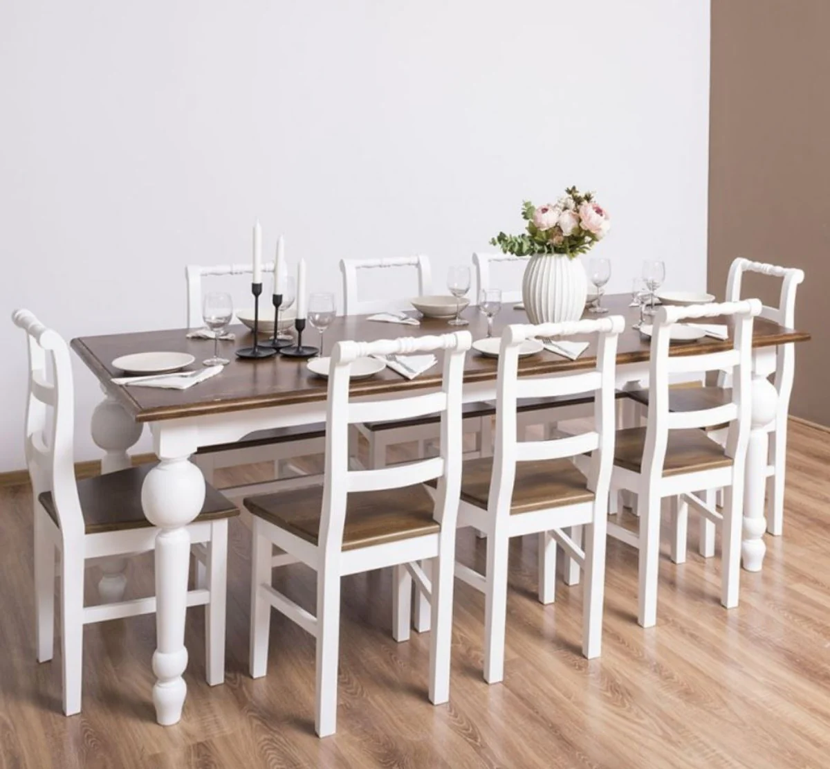 Country Style Dining Room Furniture Set Brown / White - 1 Dining Table & 8 Dining Room Chairs - Solid Wood Dining Room Furniture - Country Style Furniture