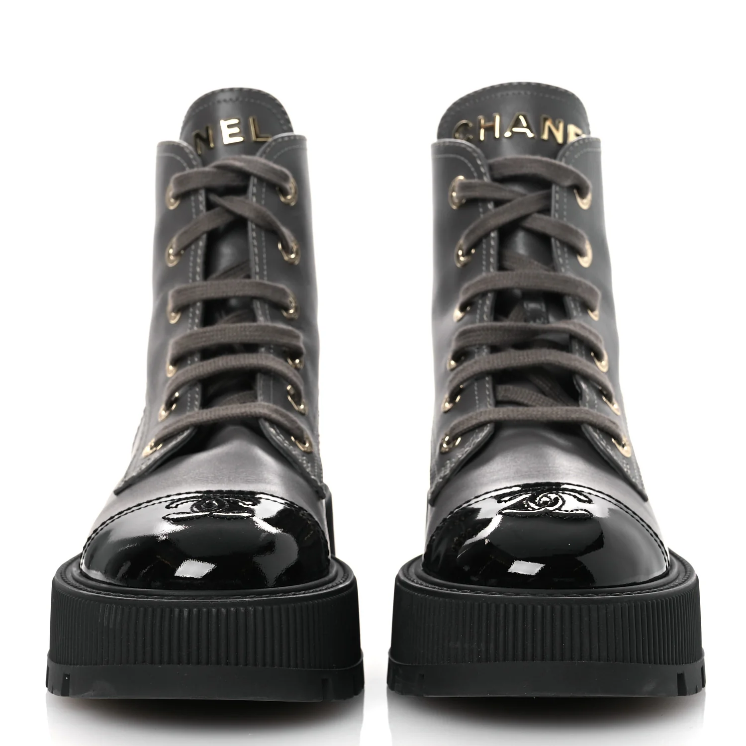 Calfskin Patent Calfskin CC Lace Up Combat Boots 36.5 Gray Black - Top Club