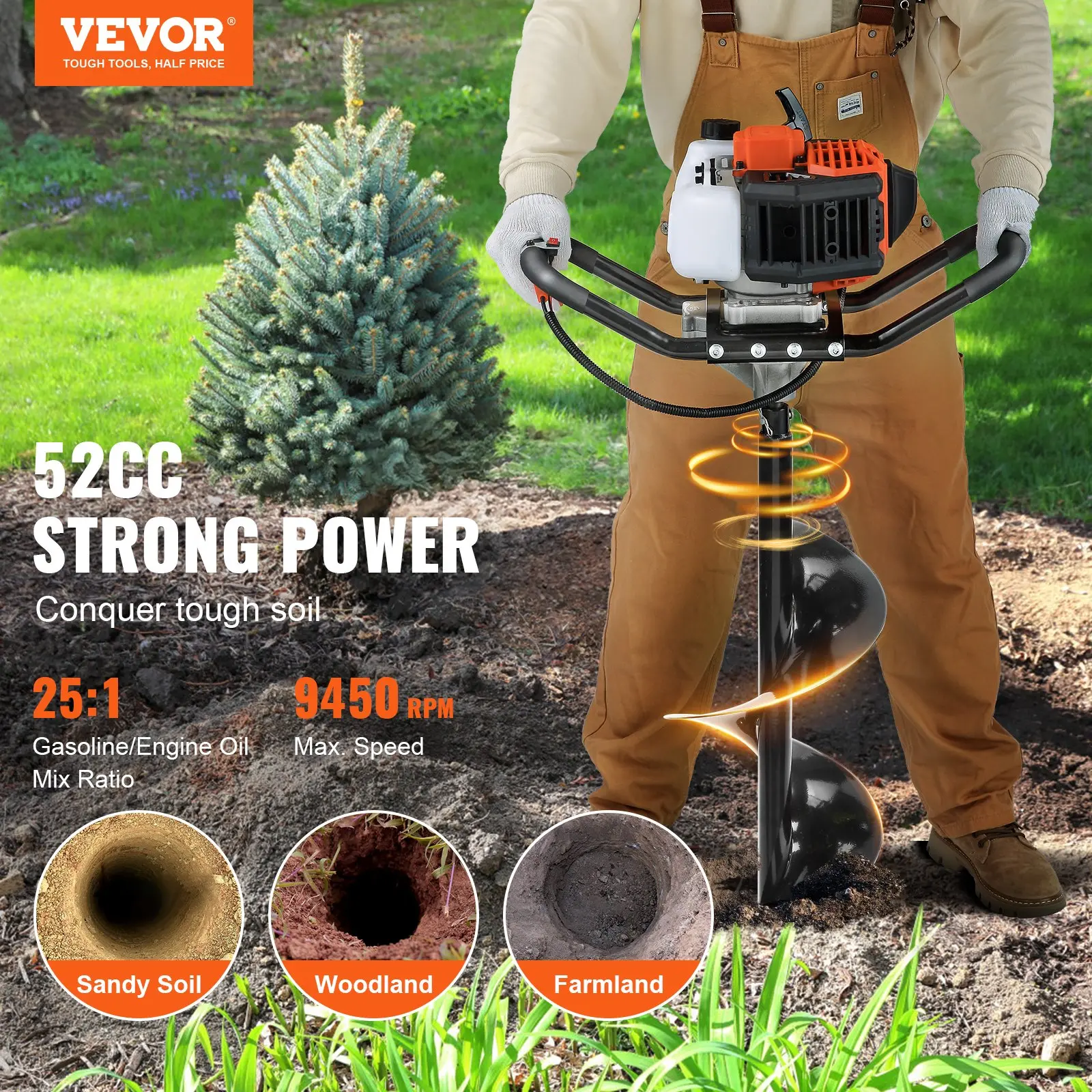 【Summerfinds】VEVOR Post Hole Digger 52cc 1450W Auger Post Hole Digger Gas Powered Earth Digger with Two Earth Auger Drill Bits 6