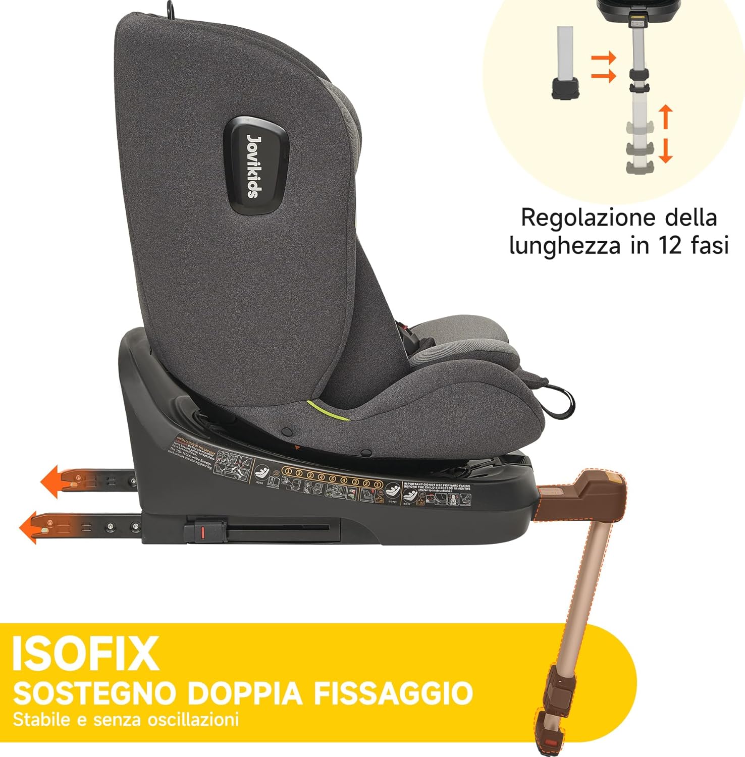 Jovikids i - Size Seggiolino Auto 0-36 Kg, 360° Girevole Seggiolino Auto con Isofix e Gambe di Supporto 40-150cm dalla Nascita a Circa 12 anni