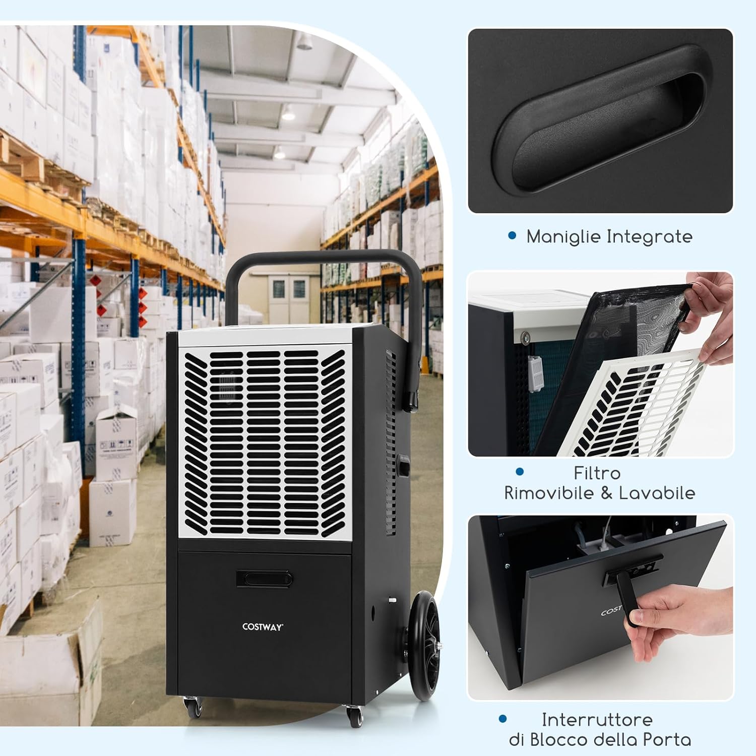COSTWAY 66 L Deumidificatore Commerciale, Deumidificatore con Pompa e Tubo di Drenaggio, Deumidificatore Industriale con Timer 24H e 4 Ruote per Cantina Magazzino (Bianco)