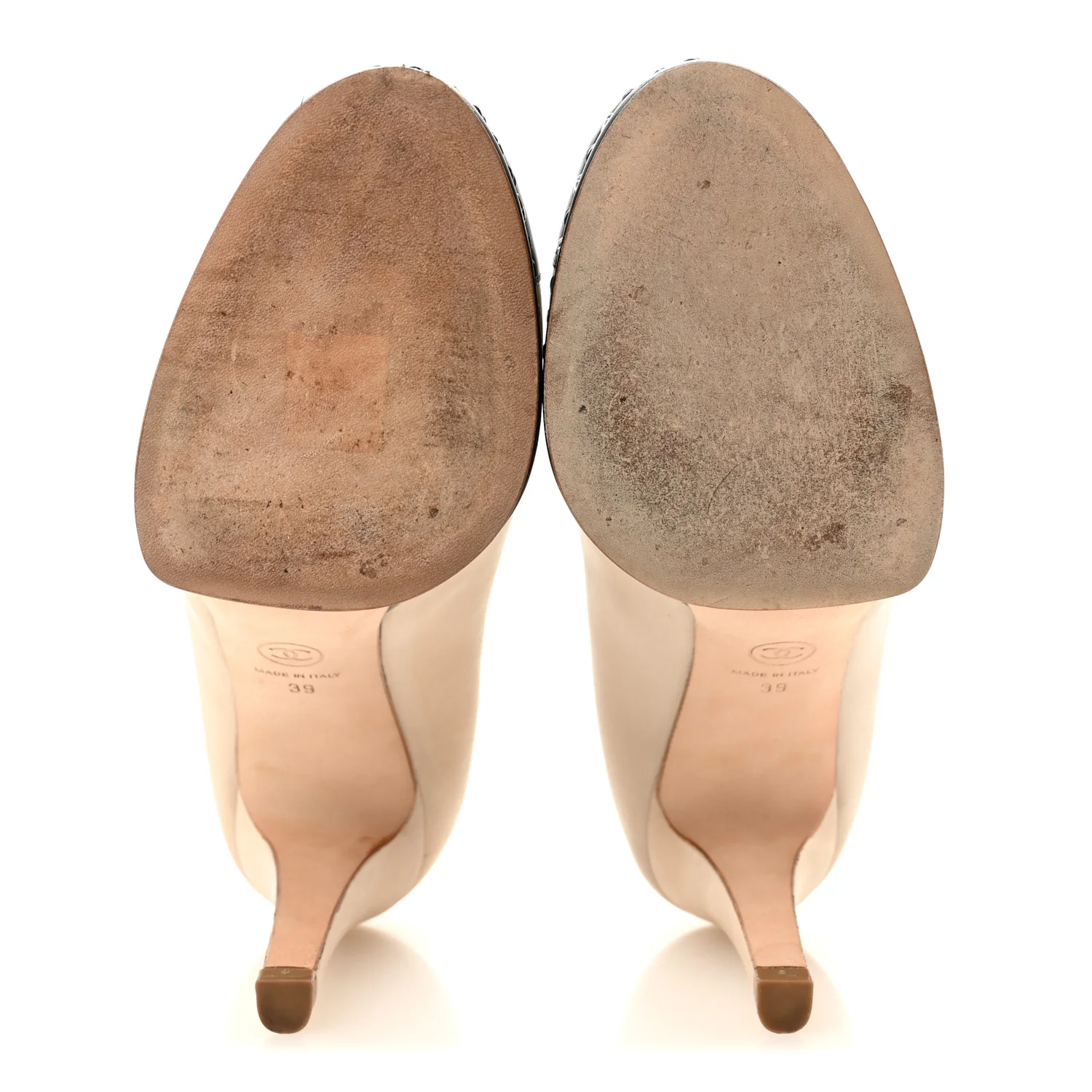 Calfskin CC Cap Toe Platform Chain Pumps 39 Beige Black - Top Club
