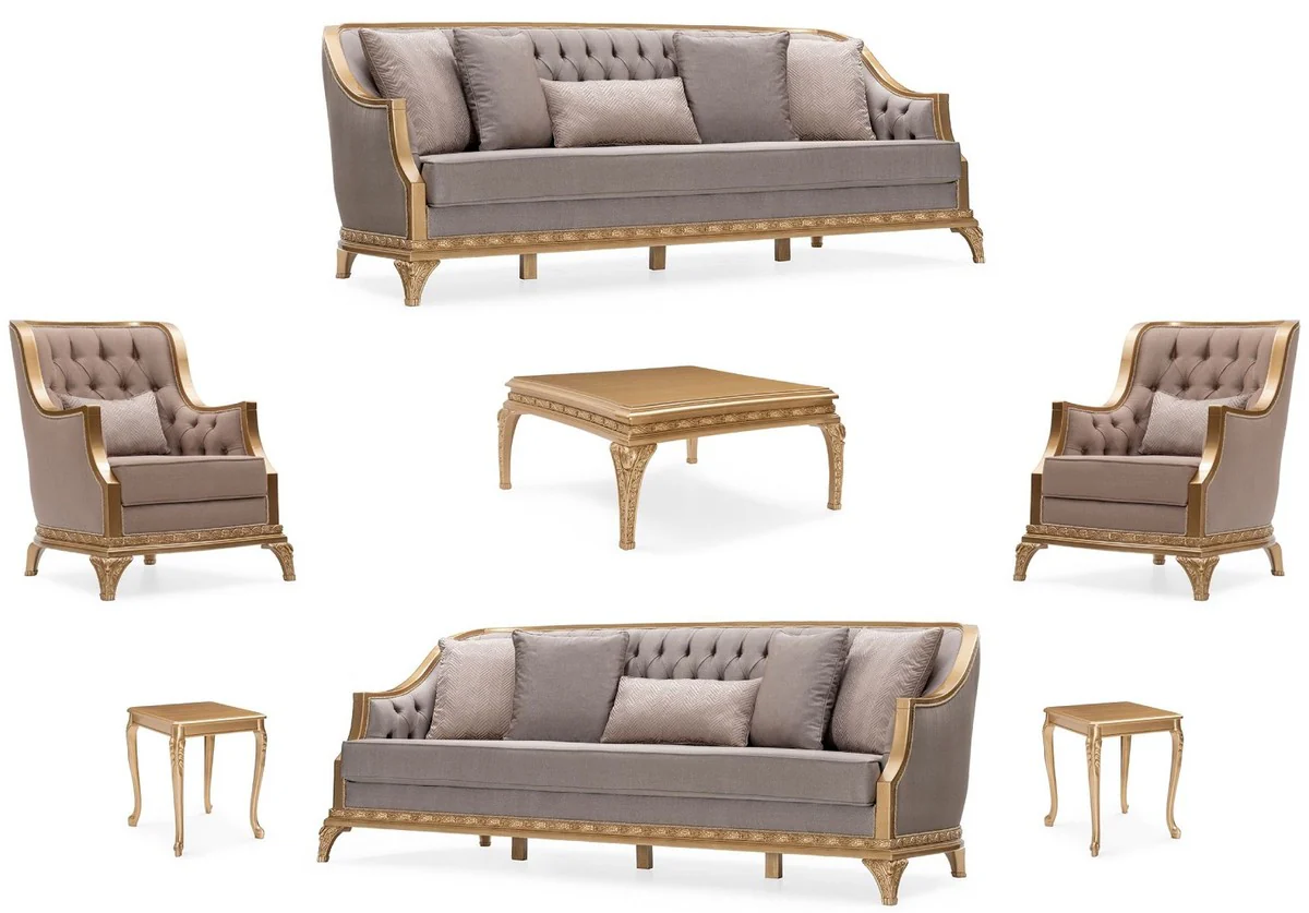 Luxury Baroque Living Room Set Gray / Brown / Gold - 2 Sofas & 2 Armchairs & 1 Coffee Table & 2 Side Tables - Handcrafted Luxury Living Room Furniture in Baroque Style - Noble & Magnificent
