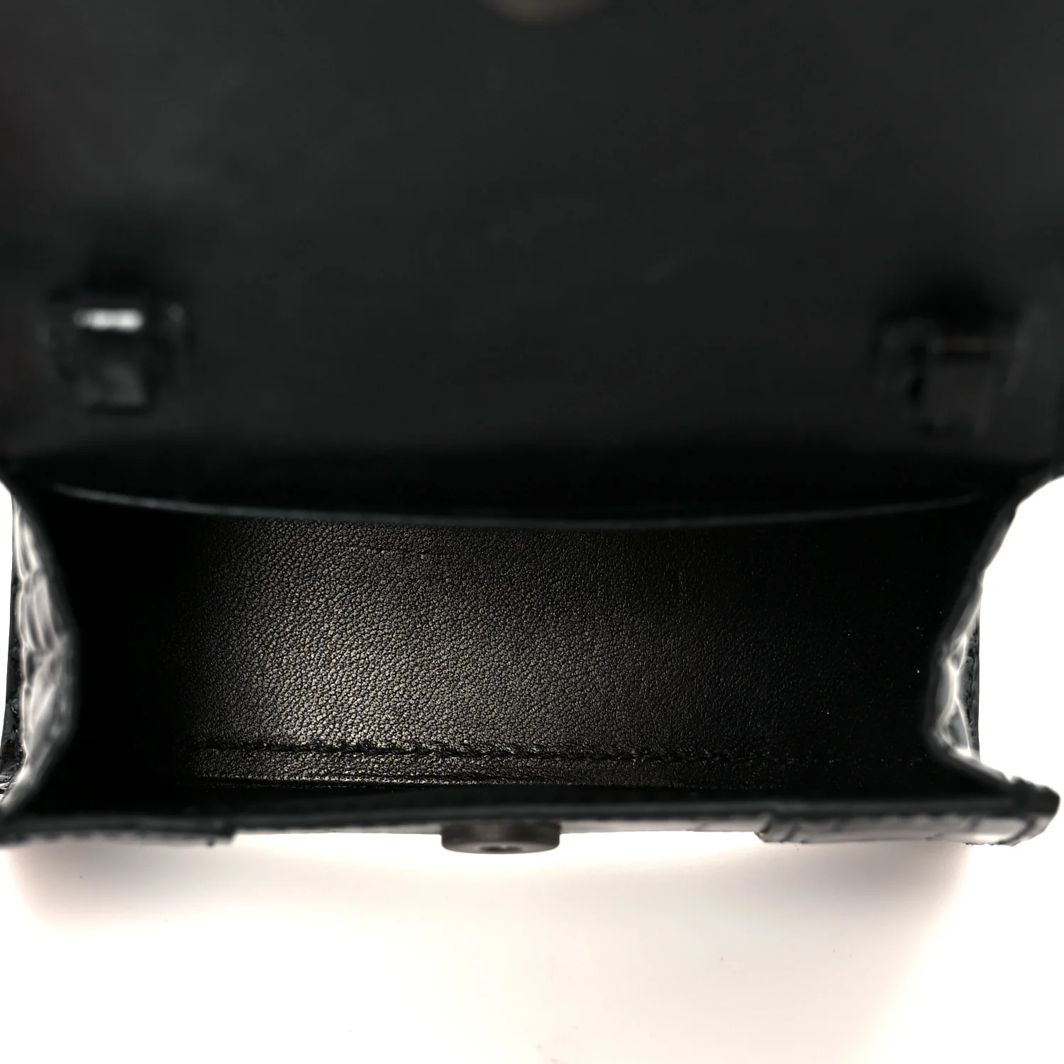 Shiny Calfskin Monochrome Crocodile Embossed Hourglass Top Handle Bag Mini Black - Top Club