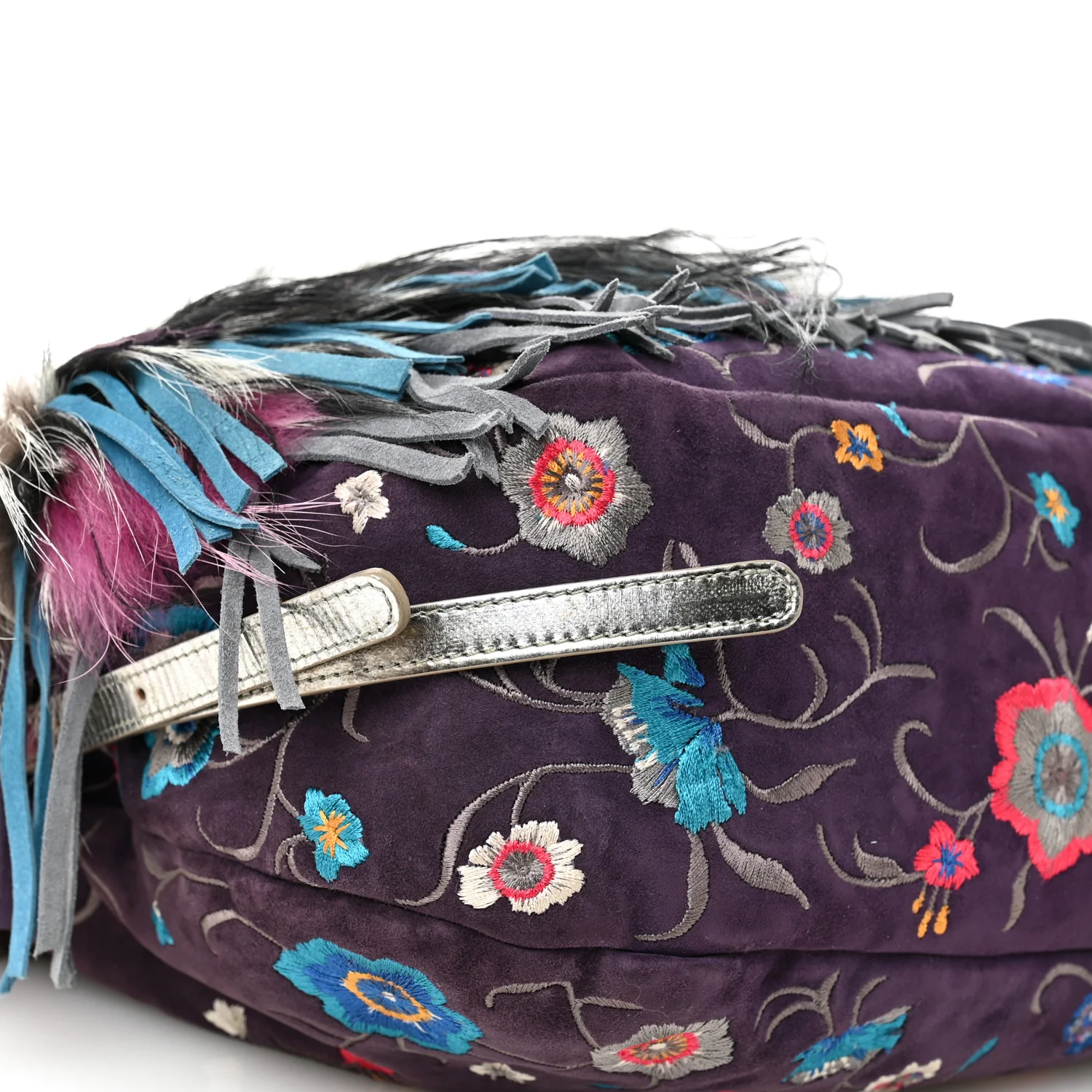 Fox Fur Suede Floral Embroidered Biker Shoulder Bag - Top Club