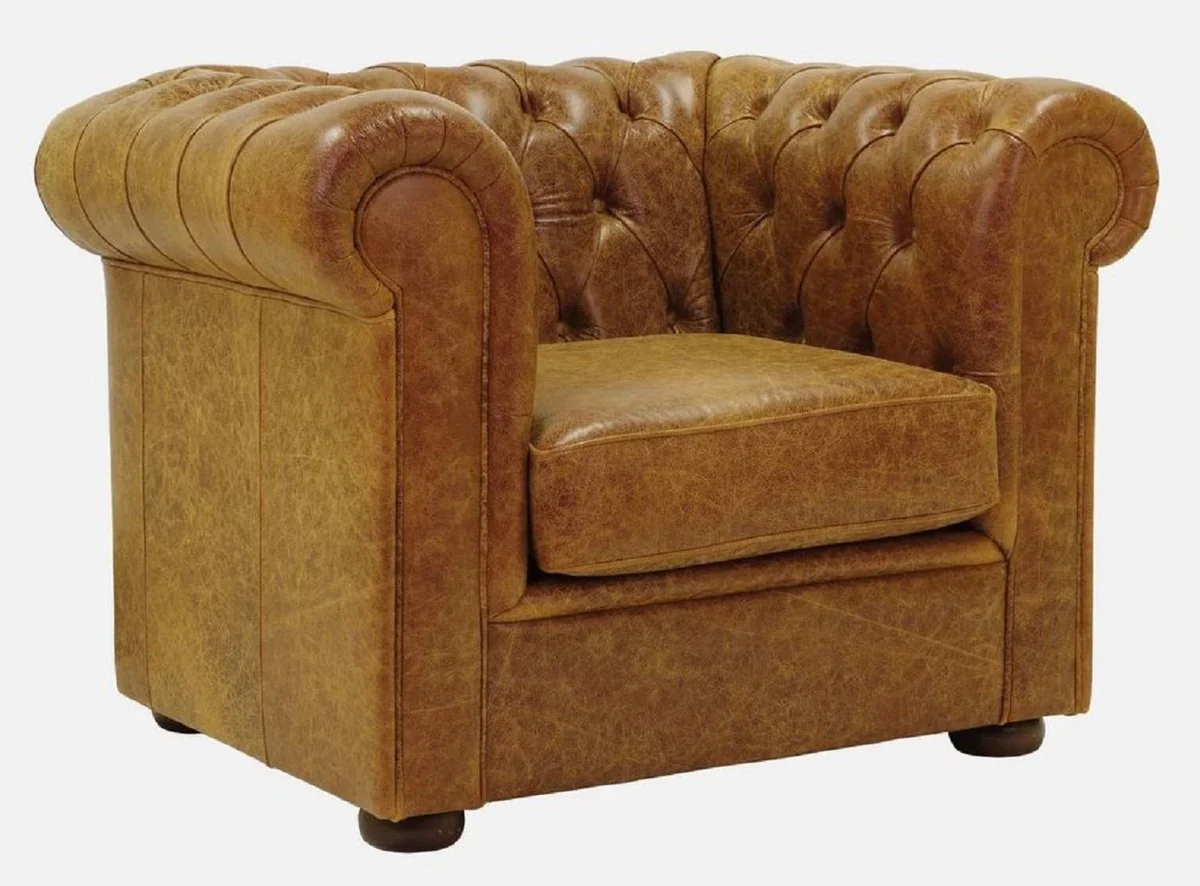 Luxury Chesterfield leather armchair vintage brown / dark brown 105 x 95 x H. 80 cm - Chesterfield real leather living room armchair - Chesterfield furniture - real leather furniture - luxury furniture