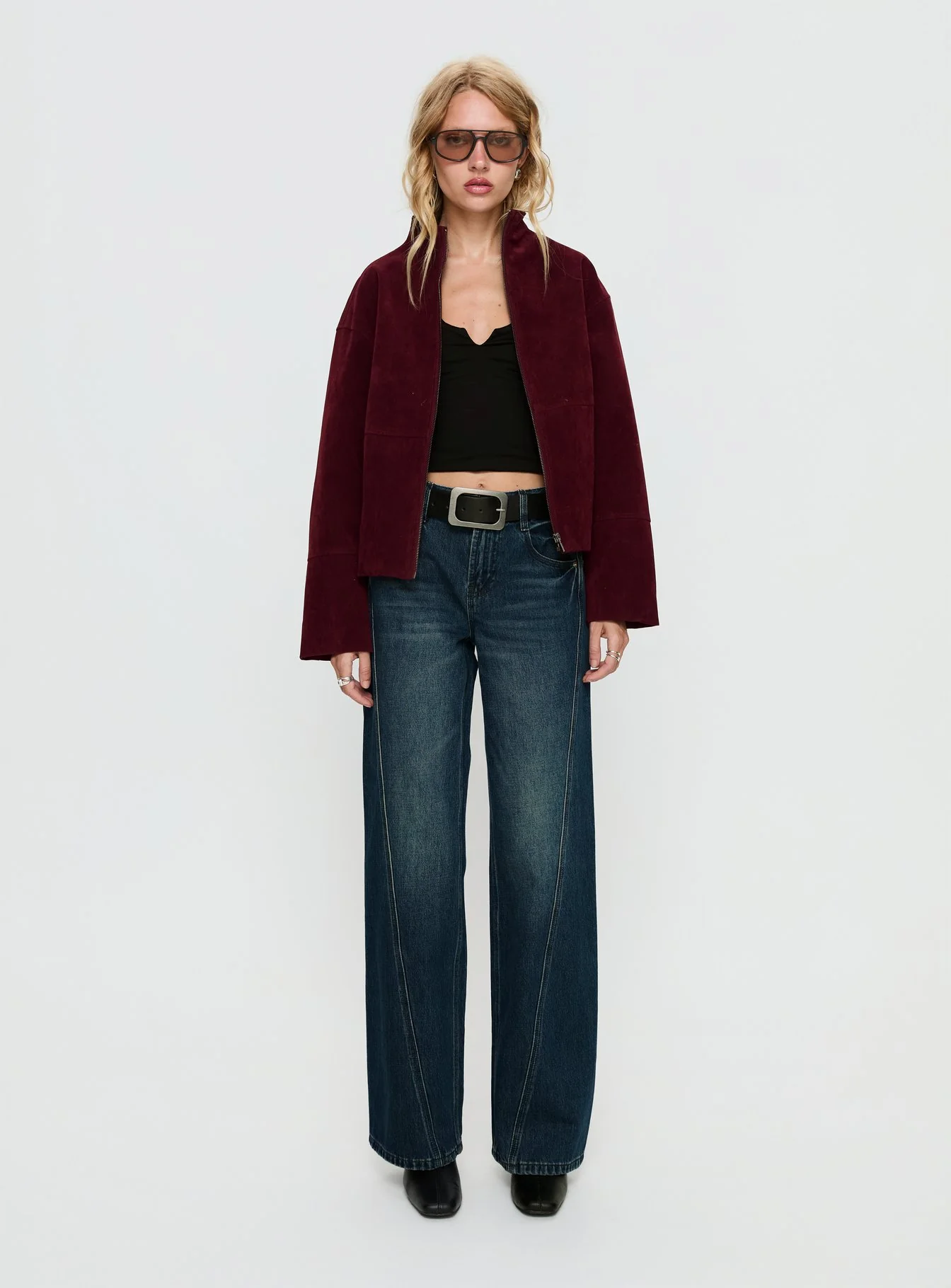 Jessalynn Faux Suede Zip Through Jacket Burgundy