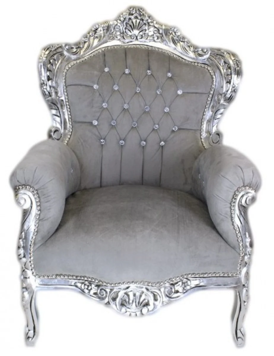 Baroque armchair King gray velvet fabric / silver with bling bling glitter stones