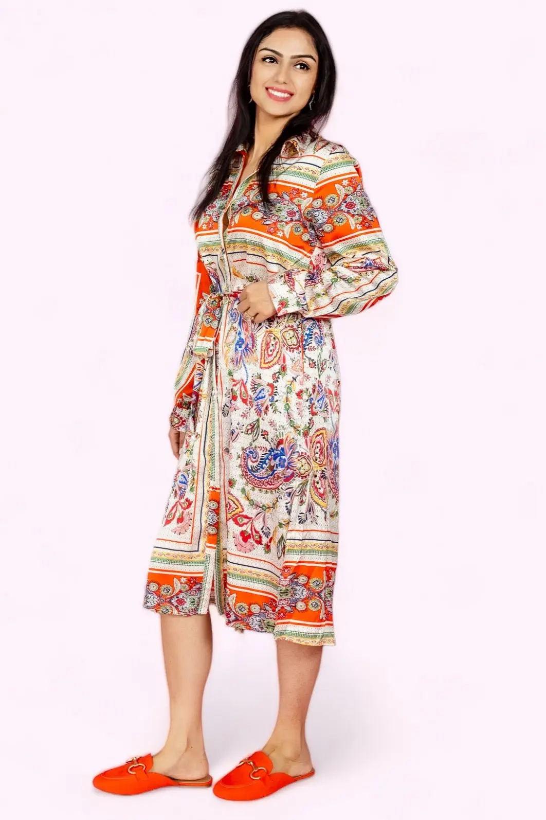 I Want It That Way Scarf Print Tie Waist Shirt Dress - ALJEGJ