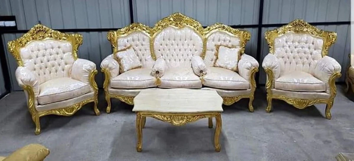 Baroque living room set cream pattern / gold - 1 baroque sofa & 2 baroque armchairs - living room furniture in baroque style - baroque furniture - baroque living room furnishings
