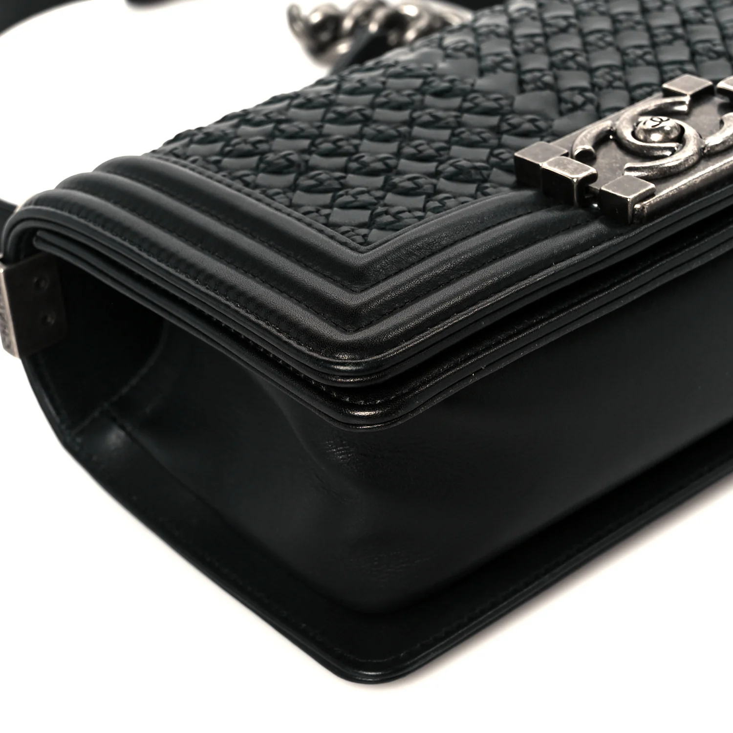 Lambskin Braided Woven Small Boy Flap Black - Top Club