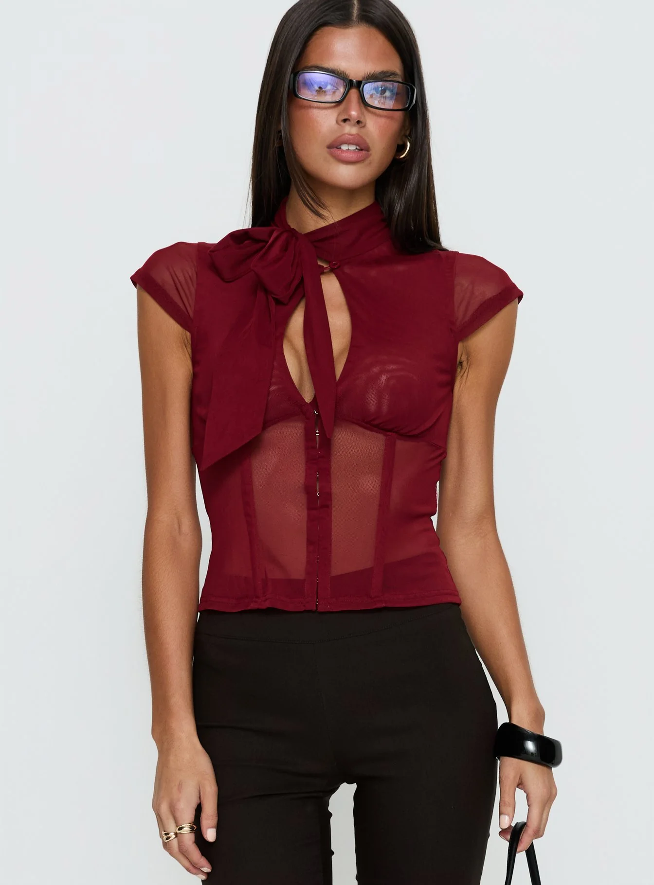 Anistasia Mesh Keyhole Corset Top Burgundy