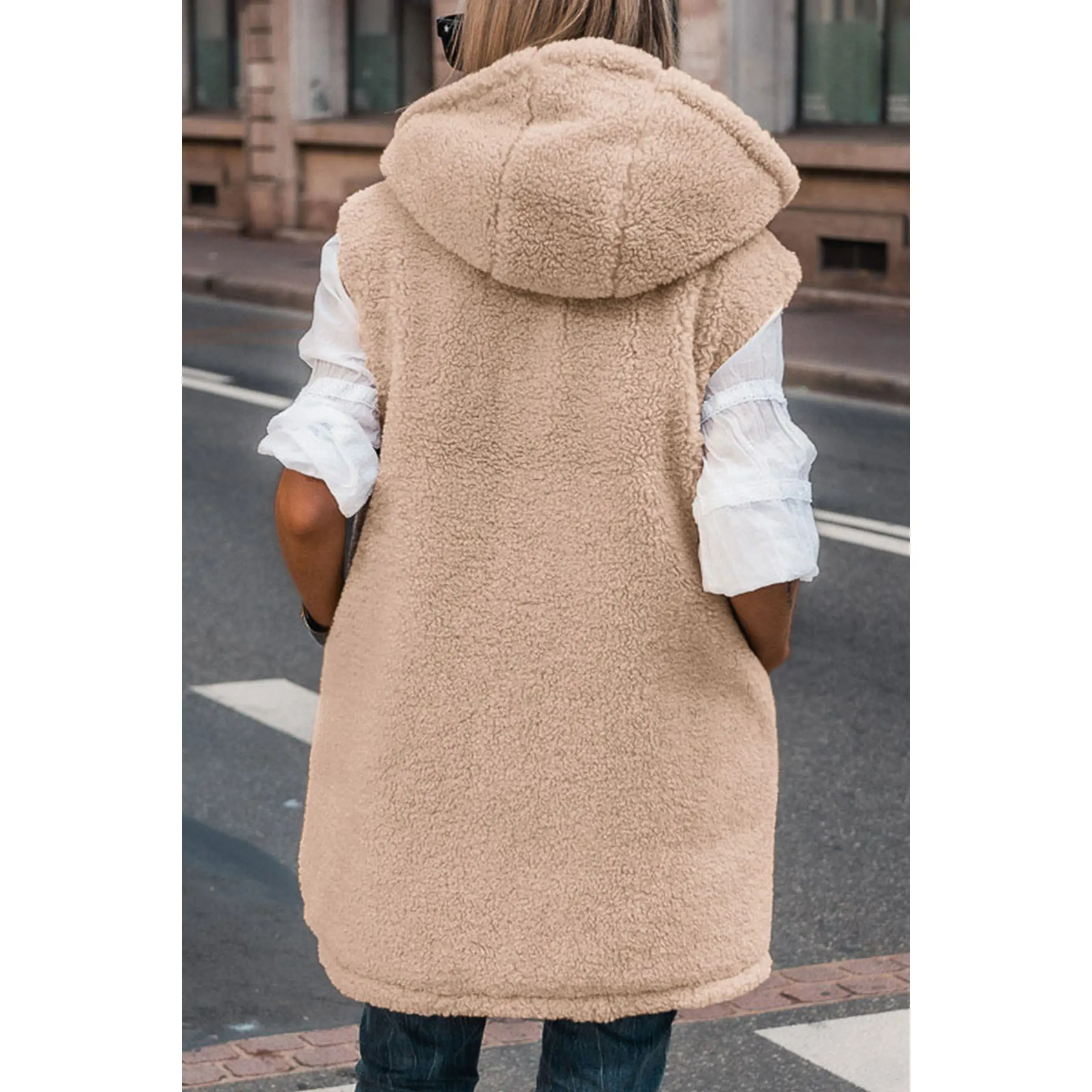 PRETTYGARDEN Women's Army Green Reversible Fleece Vest with Pockets & Hood Zip Up Long Outerwear Coats Machine Washable Minimalist Tops