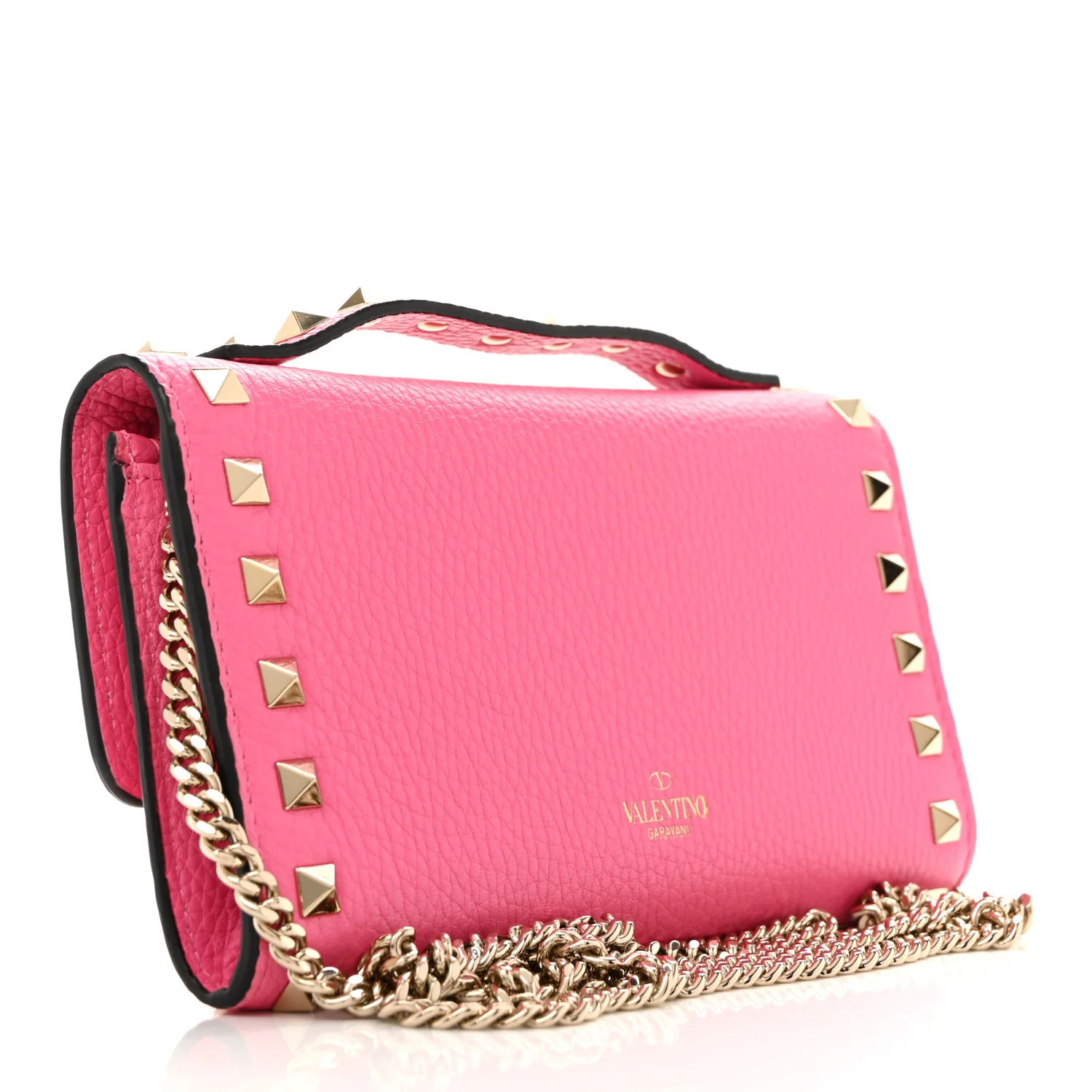 Pebbled Calfskin Rockstud Flip Lock Wallet On Chain Feminine Pink - Top Club