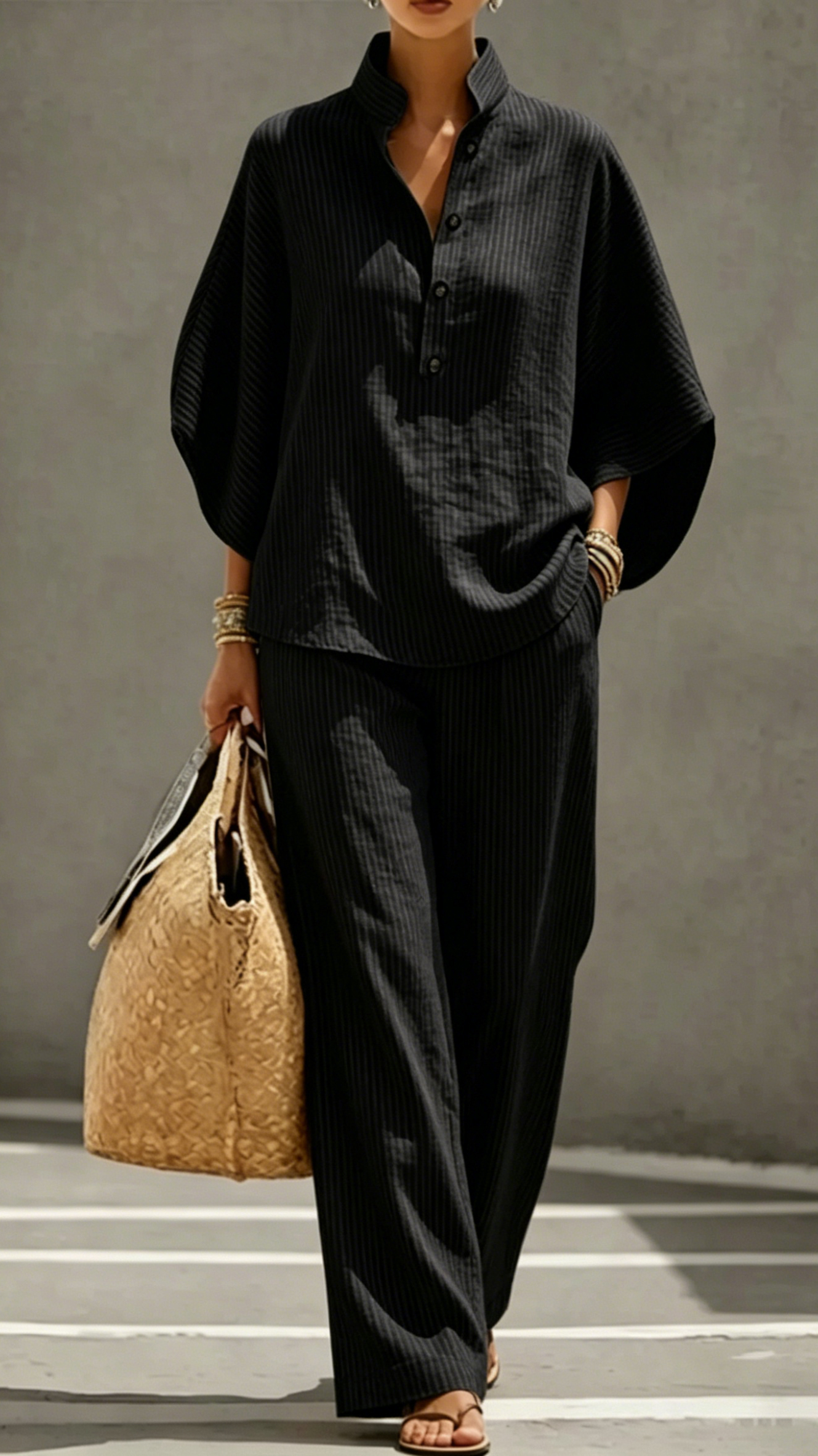 Women's Striped Linen-Cotton Batwing Sleeve Two-Piece Set - Nordfashionstorm - Women's Clothing, Fashion for You - Nordfashionstorm.com