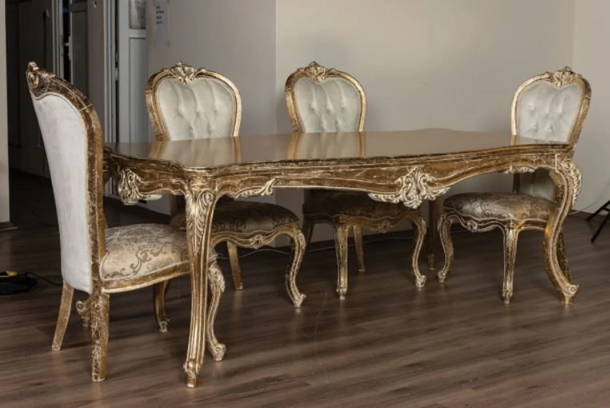 Luxury Baroque Dining Room Chair Set White / Gold / Antique Gold - Handmade Kitchen Chairs Set of 6 with Elegant Pattern - Baroque Dining Room Furniture - Noble & Magnificent