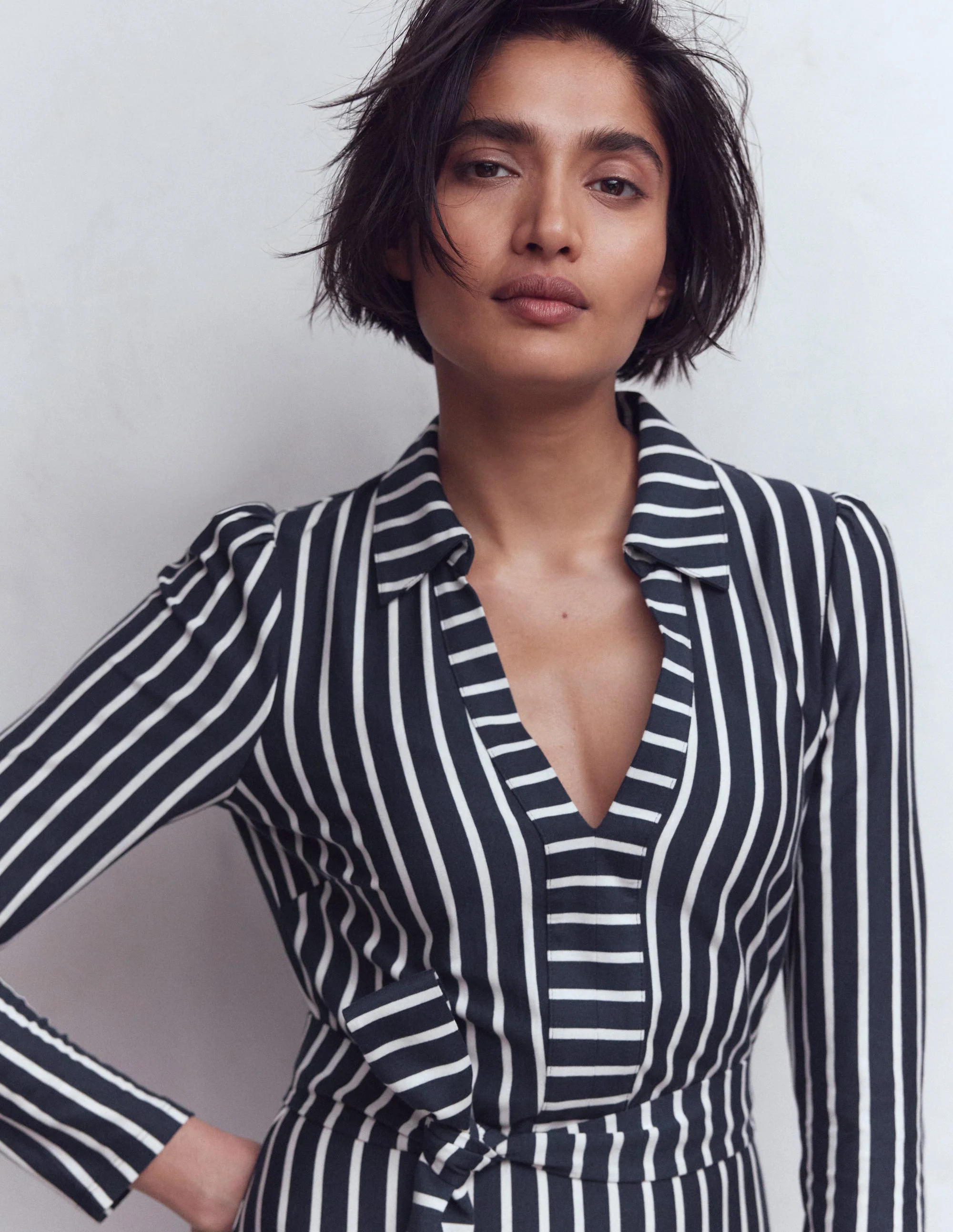 Imogen Jerseykleid mit Kragen-Französisches Navy/Naturweiß, Gestreift