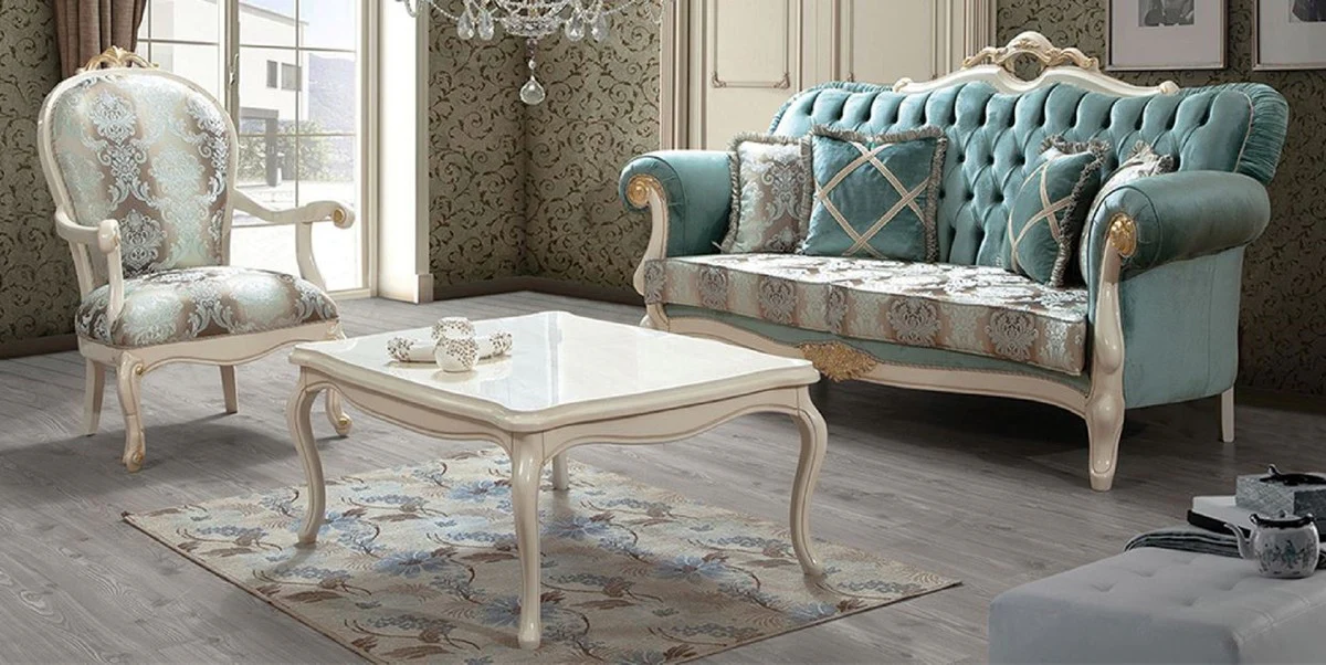 Luxury baroque living room set turquoise / brown / cream / gold - 2 sofas with a pattern & 2 armchairs with a pattern & 1 coffee table - Living room furniture in baroque style - noble & magnificent