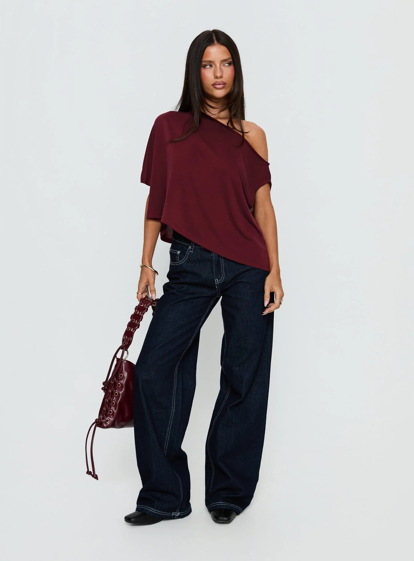 Passerby Asymmetrical Off Shoulder Top Burgundy