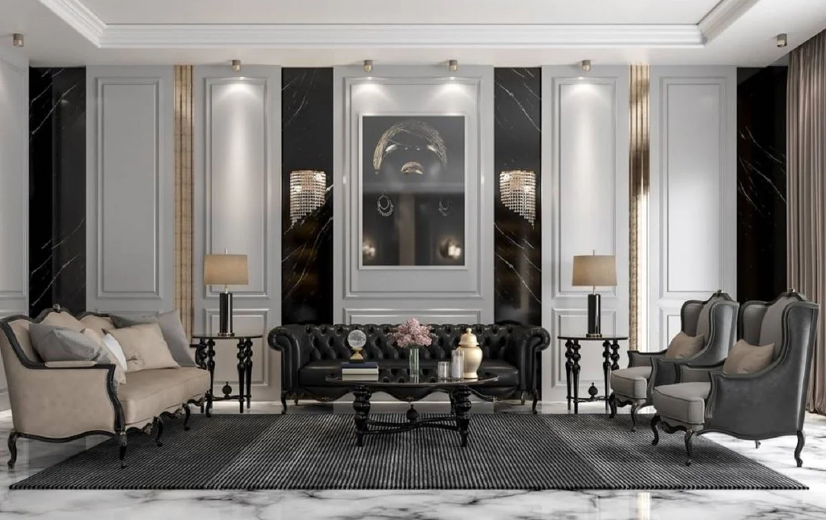 Luxury baroque coffee table black Ø 114 x H. 47 cm - round solid wood living room table - elegant baroque living room furniture