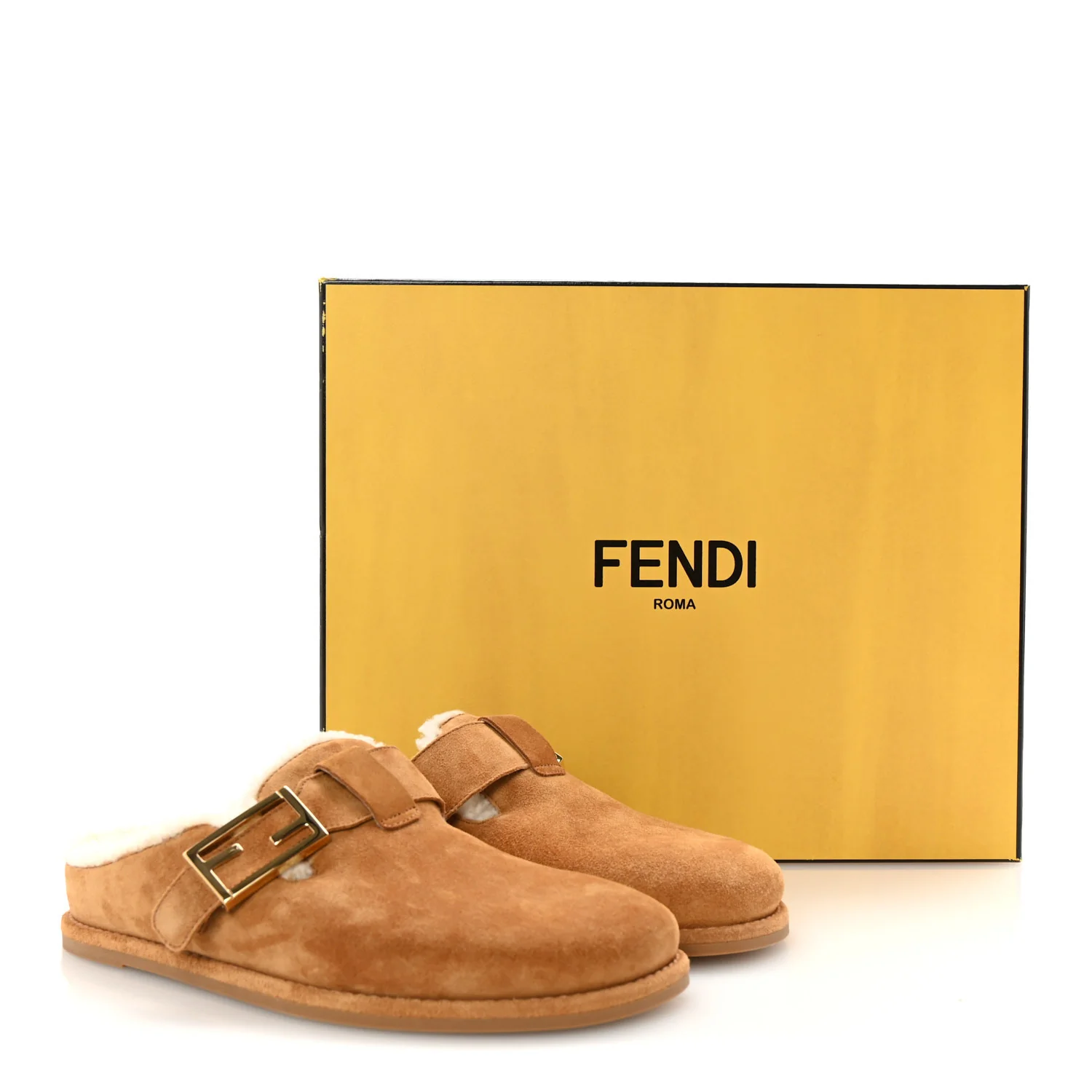 Suede Shearling Fendi Feel Buckled Clogs 38 Caramel Latte - Top Club
