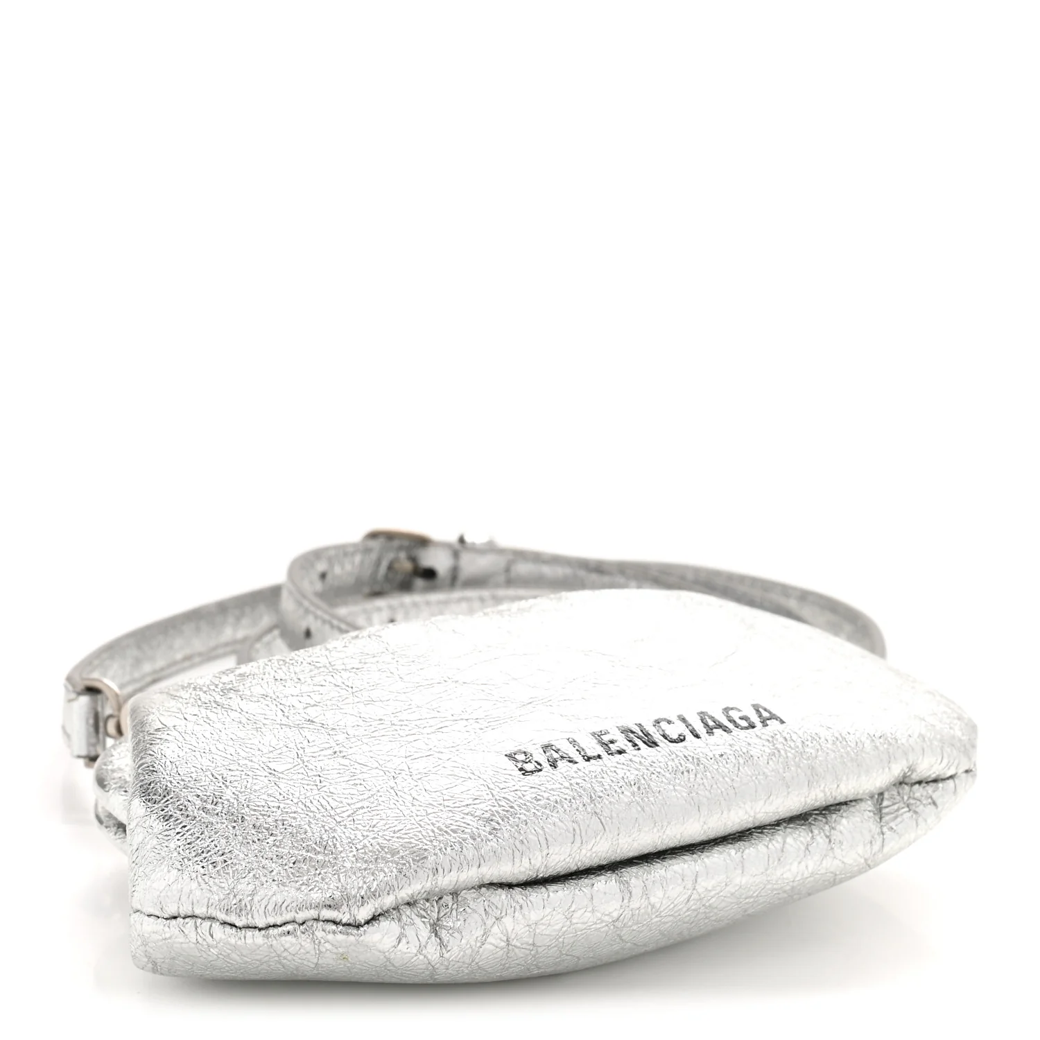 Metallic Textured Calfskin Logo Cloud Coin Purse With Strap Silver - Top Club