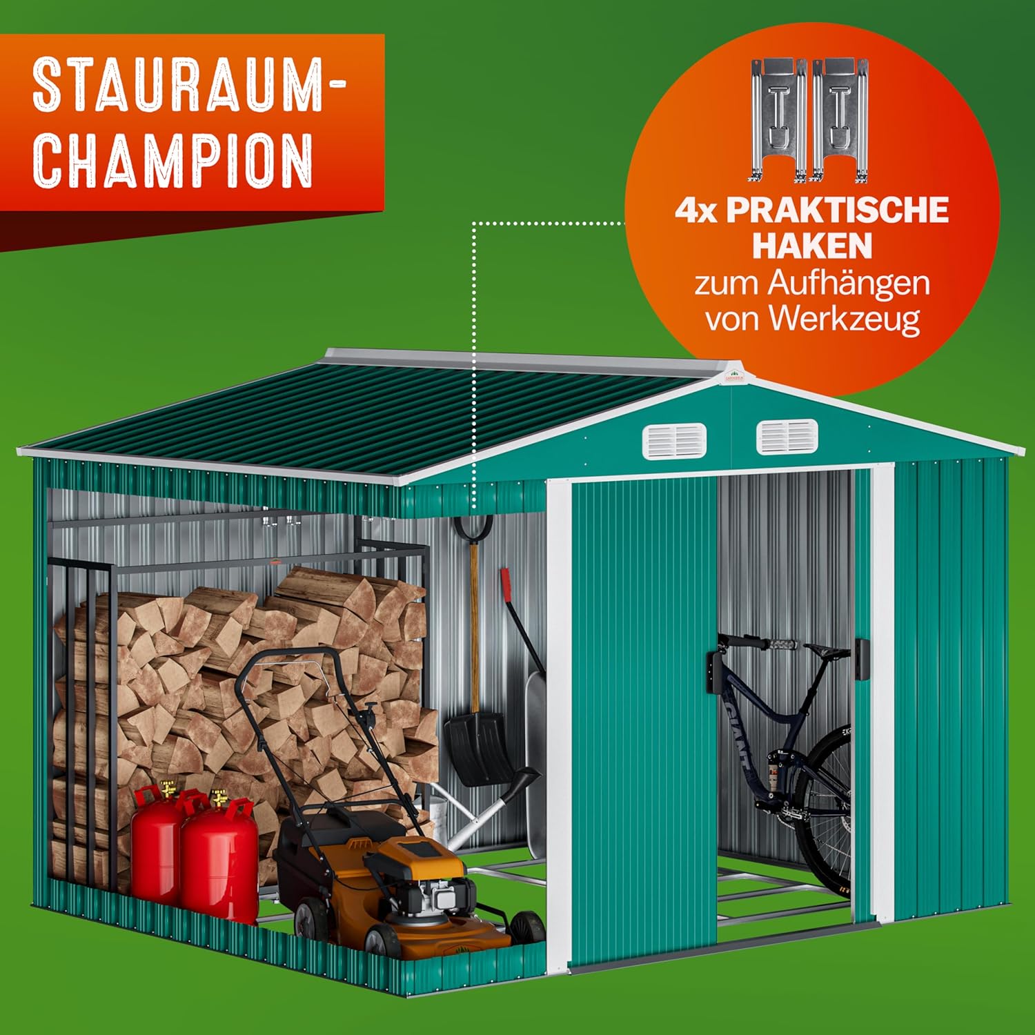 Deuba Capanno da Giardino XXL 5m² Fondamenta 257x205x177,5cm Porta Scorrevole Casetta 3,1m³ Verde