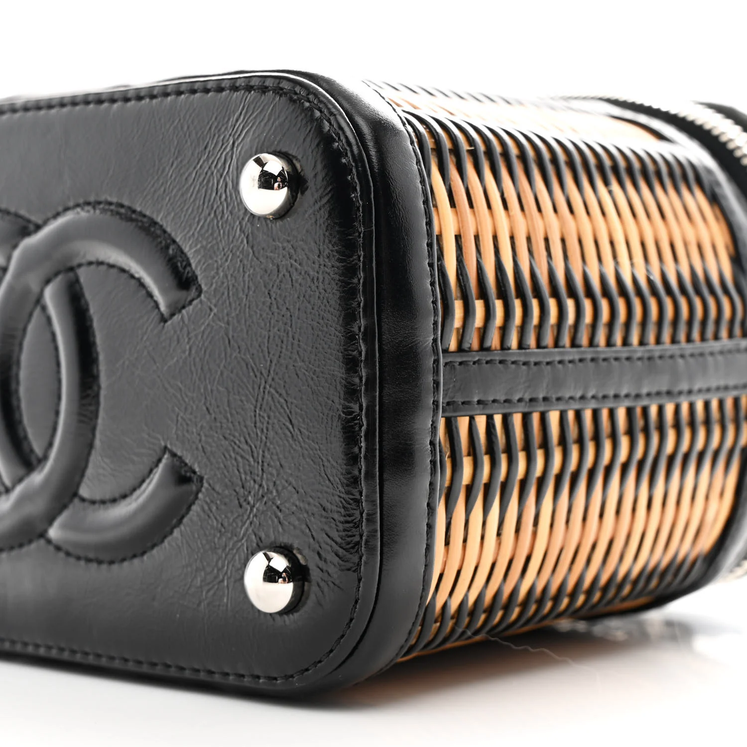 Calfskin Raffia Small Vanity Case Bag Black Beige - Top Club