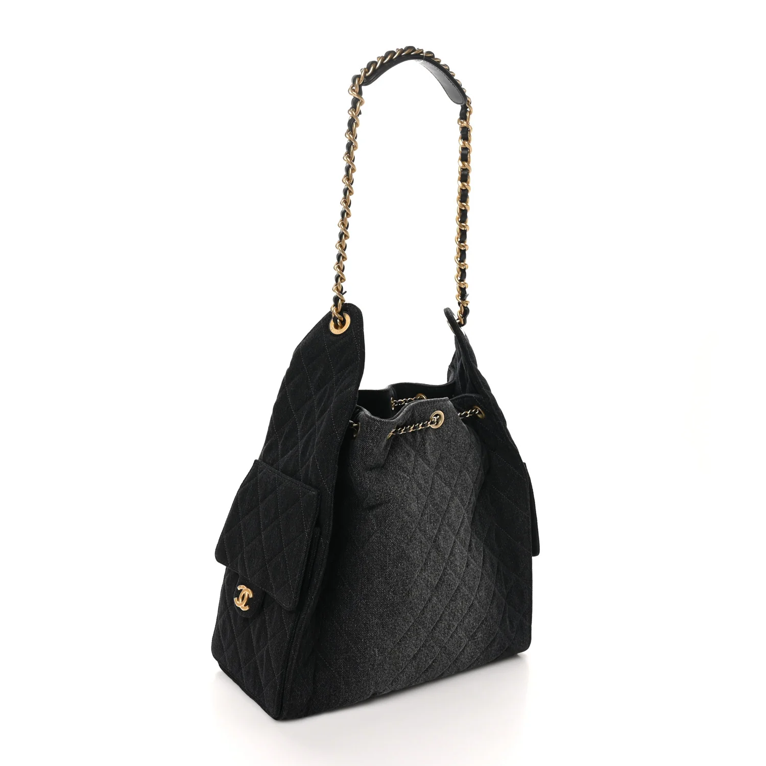 Washed Denim Quilted Medium Chanel 25 Handbag Black - Top Club
