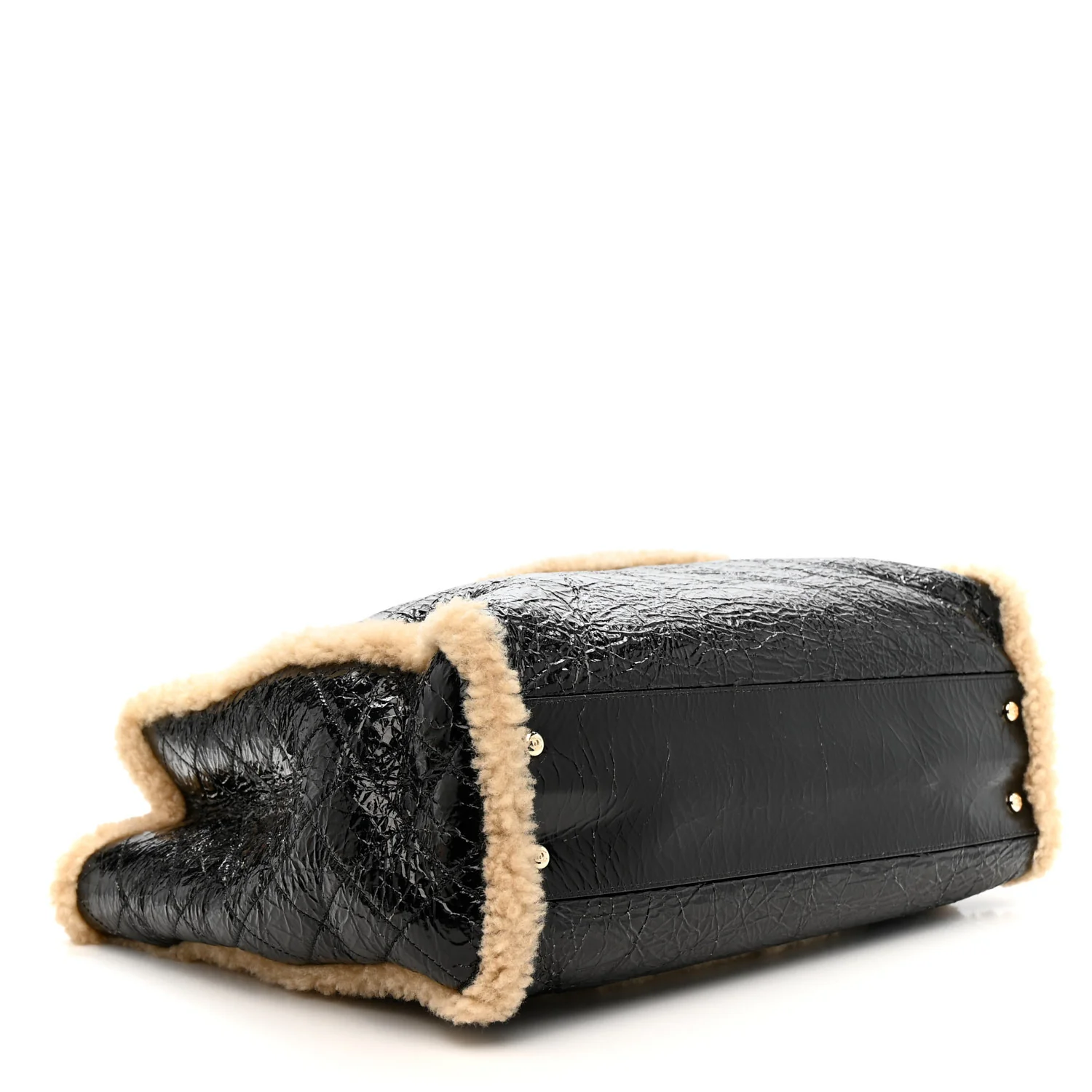 Shiny Crumpled Sheepskin Shearling CC Mania Tote Bag Black Beige - Top Club