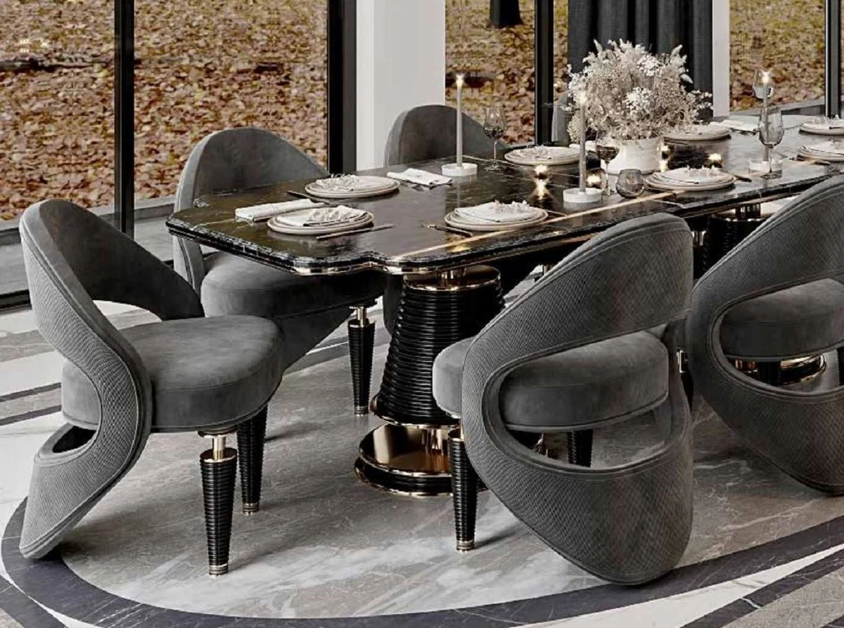 Luxury dining room chair set of 8 gray / black / gold 57 x 60 x H. 85 cm - dining room furniture - restaurant furniture - hotel furniture - luxury furniture - luxury collection