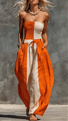 Women's strapless orange and off-white contrasting cotton-linen jumpsuit - Nordfashionstorm - Women's Clothing, Fashion for You - Nordfashionstorm.com