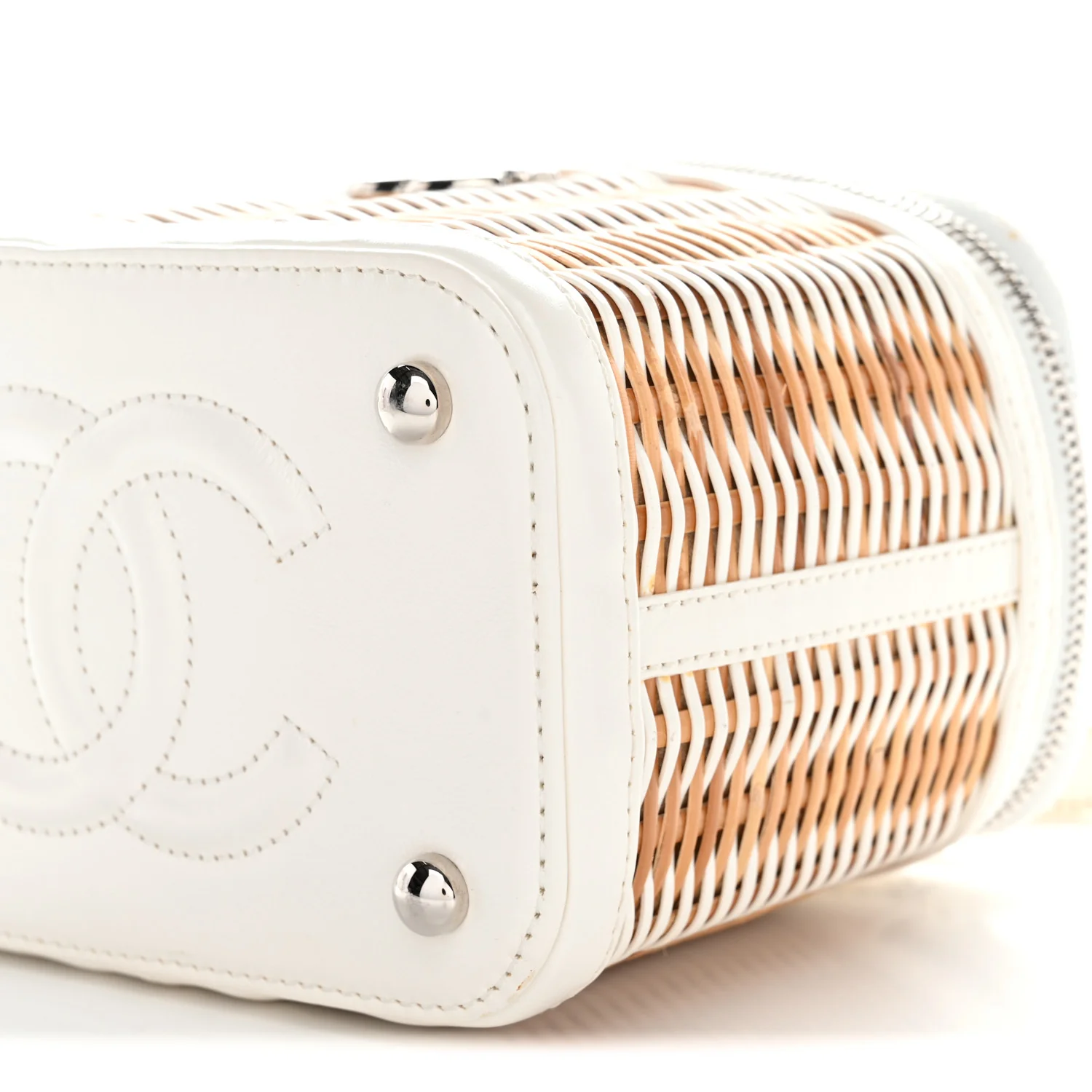 Calfskin Raffia Small Vanity Case Bag White Beige - Top Club
